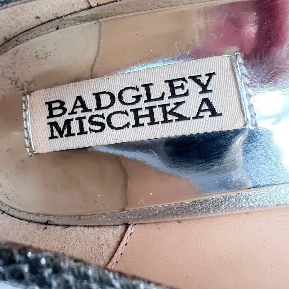 Badgley Mischka Women Size 9 Metallic Silver Glitter Open Toe Wedges Shoes